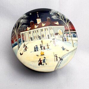Hand Painted Vintage Winter Scene Lacquer Trinket Box Folk Art Snow Village